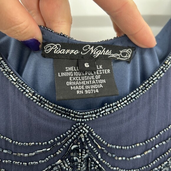 PISARRO NIGHTS Navy Blue Silk Beaded Sequin Cocktail Mother Of The Bride Dress 6 - Picture 7 of 8